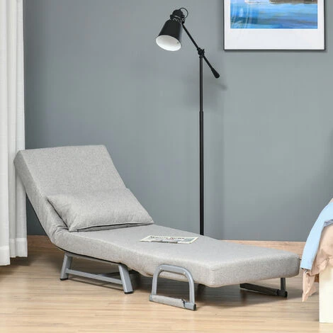HOMCOM Fauteuil Chauffeuse Canapé-lit Convertible Inclinable 1 Place Grand Confort Coussin Lombaires Accoudoirs Piètement Métal Lin Gris Clair 6 HOMCOM Fauteuil Chauffeuse Canapé-lit Convertible Inclinable 1 Place Grand Confort Coussin Lombaires Accoudoirs Piètement Métal Lin Gris Clair – Image 4
