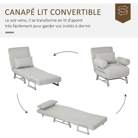 HOMCOM Fauteuil Chauffeuse Canapé-lit Convertible Inclinable 1 Place Grand Confort Coussin Lombaires Accoudoirs Piètement Métal Lin Gris Clair 7 HOMCOM Fauteuil Chauffeuse Canapé-lit Convertible Inclinable 1 Place Grand Confort Coussin Lombaires Accoudoirs Piètement Métal Lin Gris Clair – Image 5