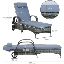 OUTSUNNY Transat Bain De Soleil Grand Confort : Matelas, Têtière, Inclinaison Réglable Multipositions, Accoudoirs, Roulettes Résine Tressée Gris -Promos Verde Rêverie Boutique 46360308 3