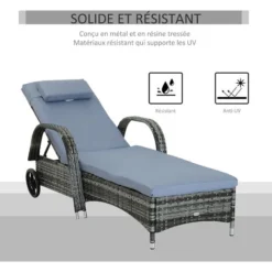 OUTSUNNY Transat Bain De Soleil Grand Confort : Matelas, Têtière, Inclinaison Réglable Multipositions, Accoudoirs, Roulettes Résine Tressée Gris -Promos Verde Rêverie Boutique 46360308 4