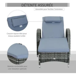 OUTSUNNY Transat Bain De Soleil Grand Confort : Matelas, Têtière, Inclinaison Réglable Multipositions, Accoudoirs, Roulettes Résine Tressée Gris -Promos Verde Rêverie Boutique 46360308 5