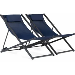 Lot De 2 Chiliennes Métal En Textilene - Avec Têtière - Bleu Nuit