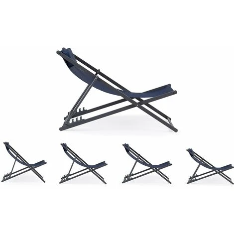 Lot De 2 Chiliennes Métal En Textilene - Avec Têtière - Bleu Nuit 4 Lot De 2 Chiliennes Métal En Textilene - Avec Têtière - Bleu Nuit – Image 2