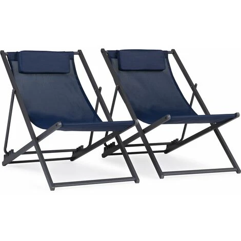 Lot De 2 Chiliennes Métal En Textilene - Avec Têtière - Bleu Nuit 6 Lot De 2 Chiliennes Métal En Textilene - Avec Têtière - Bleu Nuit – Image 4