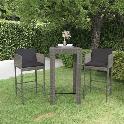 Ensemble De Bar De Jardin 3 Pcs Et Coussins Résine Tressée Gris VidaXL 4 Ensemble De Bar De Jardin 3 Pcs Et Coussins Résine Tressée Gris VidaXL – Image 2