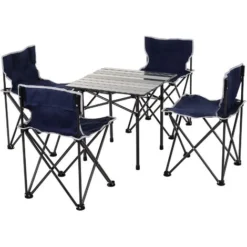 OUTSUNNY Table De Camping + 4 Chaises + Sac De Transport - Pliant Léger Petit Portable - Pour Pique-nique, Festival, Barbecue, Randonnée, Pêche - Acier Alu. Noir Oxford Bleu