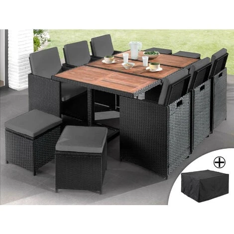 Cuba - Salon De Jardin Encastrable 10 Places - En Résine Tressée - Noir Avec Coussins Gris + Housse De Protection 3 Cuba - Salon De Jardin Encastrable 10 Places - En Résine Tressée - Noir Avec Coussins Gris + Housse De Protection