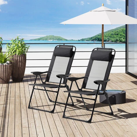 OUTSUNNY Lot De 2 Chaises De Jardin Camping Pliables - Dossier Inclinable 5 Positions - Tétière Incluse - Acier époxy Oxford Textilène Noir 4 OUTSUNNY Lot De 2 Chaises De Jardin Camping Pliables - Dossier Inclinable 5 Positions - Tétière Incluse - Acier époxy Oxford Textilène Noir – Image 2
