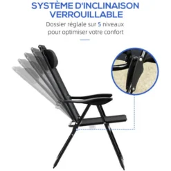 OUTSUNNY Lot De 2 Chaises De Jardin Camping Pliables - Dossier Inclinable 5 Positions - Tétière Incluse - Acier époxy Oxford Textilène Noir 10 OUTSUNNY Lot De 2 Chaises De Jardin Camping Pliables - Dossier Inclinable 5 Positions - Tétière Incluse - Acier époxy Oxford Textilène Noir -Promos Verde Rêverie Boutique 50904470 4