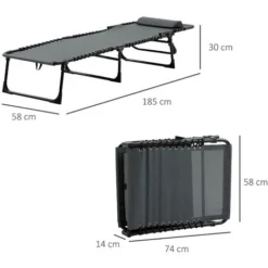 OUTSUNNY Bain De Soleil Transat Pliable Avec Poignée - Dossier Inclinable Multi-positions, Pochette, Tétière - Acier époxy Noir Lacets élastiques Textilène Gris -Promos Verde Rêverie Boutique 50904511 3