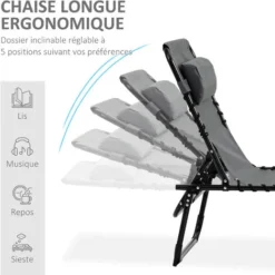 OUTSUNNY Bain De Soleil Transat Pliable Avec Poignée - Dossier Inclinable Multi-positions, Pochette, Tétière - Acier époxy Noir Lacets élastiques Textilène Gris -Promos Verde Rêverie Boutique 50904511 4