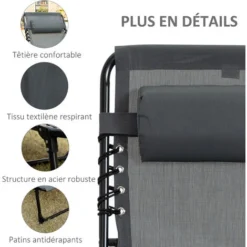 OUTSUNNY Bain De Soleil Transat Pliable Avec Poignée - Dossier Inclinable Multi-positions, Pochette, Tétière - Acier époxy Noir Lacets élastiques Textilène Gris -Promos Verde Rêverie Boutique 50904511 5