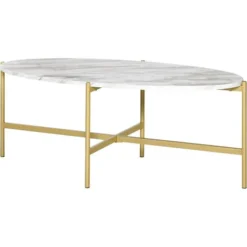 HOMCOM Table Basse Ovale Design Style Art Déco Dim. 121L X 51l X 45H Cm Structure Métal Doré Plateau Aspect Marbre Blanc