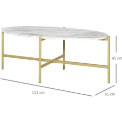 HOMCOM Table Basse Ovale Design Style Art Déco Dim. 121L X 51l X 45H Cm Structure Métal Doré Plateau Aspect Marbre Blanc -Promos Verde Rêverie Boutique 51254797 3