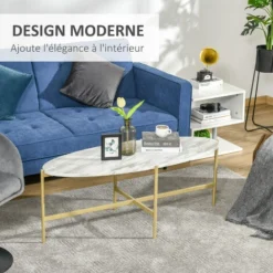 HOMCOM Table Basse Ovale Design Style Art Déco Dim. 121L X 51l X 45H Cm Structure Métal Doré Plateau Aspect Marbre Blanc -Promos Verde Rêverie Boutique 51254797 4