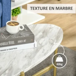 HOMCOM Table Basse Ovale Design Style Art Déco Dim. 121L X 51l X 45H Cm Structure Métal Doré Plateau Aspect Marbre Blanc -Promos Verde Rêverie Boutique 51254797 5