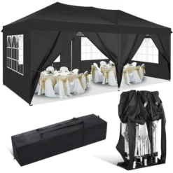 Tonnelle Jardin Pliante 3x6M Imperméable Anti-UV Réglable, Barnum Pliant Avec Fenêtre Pour Marriage Extérieur, Pique-nique,camping Noir