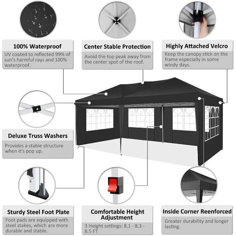 Tonnelle Jardin Pliante 3x6M Imperméable Anti-UV Réglable, Barnum Pliant Avec Fenêtre Pour Marriage Extérieur, Pique-nique,camping Noir 4 Tonnelle Jardin Pliante 3x6M Imperméable Anti-UV Réglable, Barnum Pliant Avec Fenêtre Pour Marriage Extérieur, Pique-nique,camping Noir – Image 2
