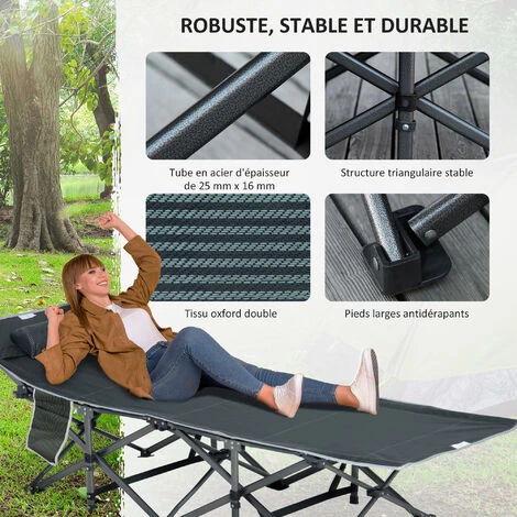 OUTSUNNY Lit De Camp Lit D'appoint Pliable Dim. 188L X 64,5l X 53H Cm Pochette Rangement, Tétière, Sac De Transport Inclus Métal Oxford Gris 6 OUTSUNNY Lit De Camp Lit D'appoint Pliable Dim. 188L X 64,5l X 53H Cm Pochette Rangement, Tétière, Sac De Transport Inclus Métal Oxford Gris – Image 4