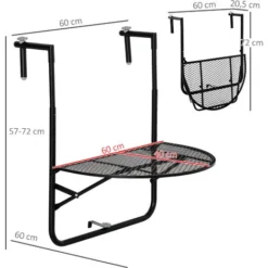 OUTSUNNY Table Suspendue Pour Balcon Pliable Dim. Plateau 60L X 40l Cm Hauteur Réglable 57-72H Cm Métal époxy Noir -Promos Verde Rêverie Boutique 53829930 3