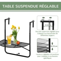 OUTSUNNY Table Suspendue Pour Balcon Pliable Dim. Plateau 60L X 40l Cm Hauteur Réglable 57-72H Cm Métal époxy Noir -Promos Verde Rêverie Boutique 53829930 4