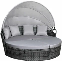 SVITA Savannah Poly-Rattan Ilot De Bronzage Chaise Longue Set De Meubles De Jardin Voile Grise