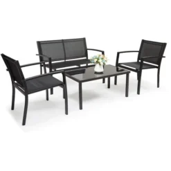 Ensemble De Salon De Jardin Extérieur Meuble De Jardin 4 Pièces En Rotin 3 Chaises Et 1 Table En Verre Trempé Pour Jardin, Balcon, Noir - IntimaTe WM Heart