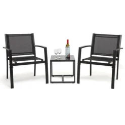 Salon De Jardin 2 Places 3 Pièces - 2 Chaises Et 1 Table Basse Plateau Verre Trempé Pour Jardin, Terrasse, Noir - IntimaTe WM Heart