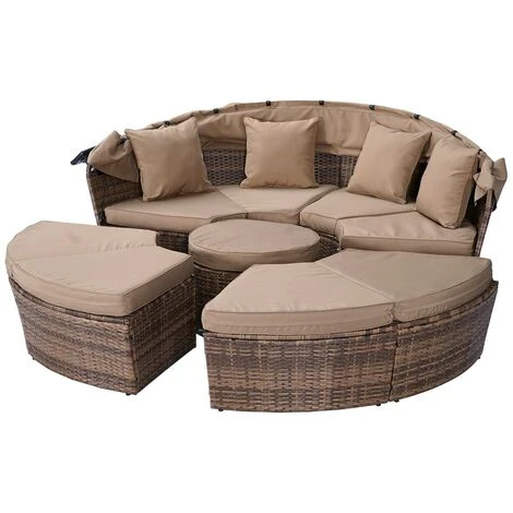 Canapé De Jardin Rond En Beige 8 Places 210cm LED+housse En Rotin Tressé, Auvent Pliable Modulable Table Réglable En Hauteur – Salon De Jardin Rond En Beige-marron/cappu De BRAST 4 Canapé De Jardin Rond En Beige 8 Places 210cm LED+housse En Rotin Tressé, Auvent Pliable Modulable Table Réglable En Hauteur – Salon De Jardin Rond En Beige-marron/cappu De BRAST – Image 2