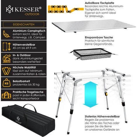 KESSER® Table De Camping Pliante Table De Camping Pliable Avec Cadre En Aluminium Plateau De Table Enroulable Table Pliante Avec Réglage De La Hauteur Et Sac De Transport Avec Sangle 90 X 53 Cm, Ju 4 KESSER® Table De Camping Pliante Table De Camping Pliable Avec Cadre En Aluminium Plateau De Table Enroulable Table Pliante Avec Réglage De La Hauteur Et Sac De Transport Avec Sangle 90 X 53 Cm, Ju – Image 2