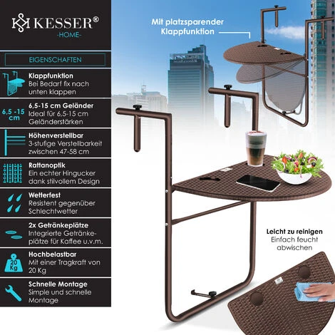 KESSER® Table De Balcon Suspendue Pliable Table De Balcon à Suspendre Table De Balcon Suspendue Réglable En Hauteur Sur 3 Niveaux Table Pliante Balustrade De Balcon Résistante Aux Intempéries Avec 2 E 4 KESSER® Table De Balcon Suspendue Pliable Table De Balcon à Suspendre Table De Balcon Suspendue Réglable En Hauteur Sur 3 Niveaux Table Pliante Balustrade De Balcon Résistante Aux Intempéries Avec 2 E – Image 2