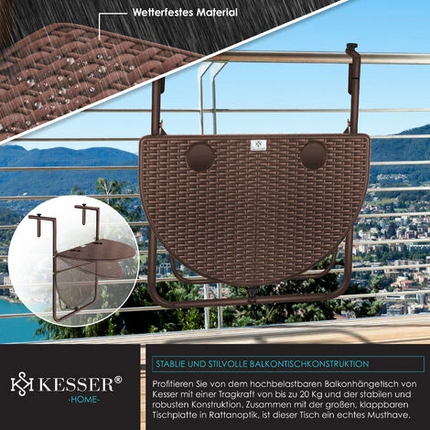 KESSER® Table De Balcon Suspendue Pliable Table De Balcon à Suspendre Table De Balcon Suspendue Réglable En Hauteur Sur 3 Niveaux Table Pliante Balustrade De Balcon Résistante Aux Intempéries Avec 2 E 5 KESSER® Table De Balcon Suspendue Pliable Table De Balcon à Suspendre Table De Balcon Suspendue Réglable En Hauteur Sur 3 Niveaux Table Pliante Balustrade De Balcon Résistante Aux Intempéries Avec 2 E – Image 3