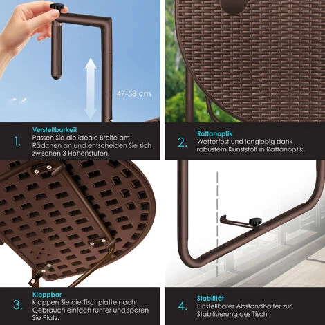 KESSER® Table De Balcon Suspendue Pliable Table De Balcon à Suspendre Table De Balcon Suspendue Réglable En Hauteur Sur 3 Niveaux Table Pliante Balustrade De Balcon Résistante Aux Intempéries Avec 2 E 6 KESSER® Table De Balcon Suspendue Pliable Table De Balcon à Suspendre Table De Balcon Suspendue Réglable En Hauteur Sur 3 Niveaux Table Pliante Balustrade De Balcon Résistante Aux Intempéries Avec 2 E – Image 4