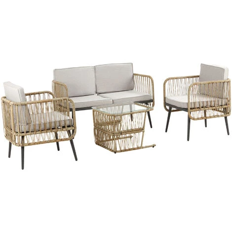 OUTSUNNY Salon De Jardin 4 Places 4 Pièces Style Colonial Table Basse Coussins Beige Inclus Résine Tressée Aspect Rotin 3 OUTSUNNY Salon De Jardin 4 Places 4 Pièces Style Colonial Table Basse Coussins Beige Inclus Résine Tressée Aspect Rotin