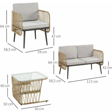 OUTSUNNY Salon De Jardin 4 Places 4 Pièces Style Colonial Table Basse Coussins Beige Inclus Résine Tressée Aspect Rotin 5 OUTSUNNY Salon De Jardin 4 Places 4 Pièces Style Colonial Table Basse Coussins Beige Inclus Résine Tressée Aspect Rotin – Image 3
