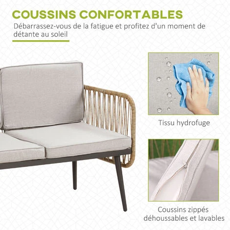OUTSUNNY Salon De Jardin 4 Places 4 Pièces Style Colonial Table Basse Coussins Beige Inclus Résine Tressée Aspect Rotin 7 OUTSUNNY Salon De Jardin 4 Places 4 Pièces Style Colonial Table Basse Coussins Beige Inclus Résine Tressée Aspect Rotin – Image 5