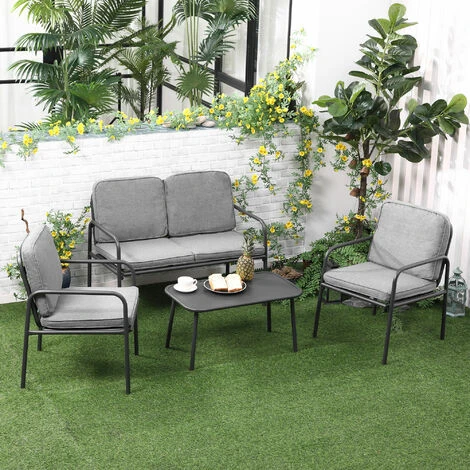 OUTSUNNY Ensemble Salon De Jardin 4 Places 4 Pièces - 8 Coussins Déhoussables Inclus - Métal époxy Polyester Gris 4 OUTSUNNY Ensemble Salon De Jardin 4 Places 4 Pièces - 8 Coussins Déhoussables Inclus - Métal époxy Polyester Gris – Image 2