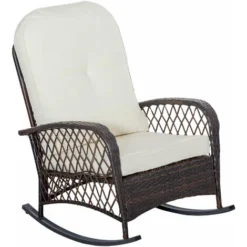 OUTSUNNY Fauteuil à Bascule Rocking Chair Intérieur Extérieur En Résine Tressée Avec Coussins Moelleux - Dim. 75L X 103P X 96H Cm - Marron Crème