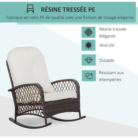 OUTSUNNY Fauteuil à Bascule Rocking Chair Intérieur Extérieur En Résine Tressée Avec Coussins Moelleux - Dim. 75L X 103P X 96H Cm - Marron Crème 6 OUTSUNNY Fauteuil à Bascule Rocking Chair Intérieur Extérieur En Résine Tressée Avec Coussins Moelleux - Dim. 75L X 103P X 96H Cm - Marron Crème – Image 4