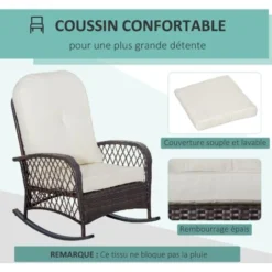 OUTSUNNY Fauteuil à Bascule Rocking Chair Intérieur Extérieur En Résine Tressée Avec Coussins Moelleux - Dim. 75L X 103P X 96H Cm - Marron Crème 11 OUTSUNNY Fauteuil à Bascule Rocking Chair Intérieur Extérieur En Résine Tressée Avec Coussins Moelleux - Dim. 75L X 103P X 96H Cm - Marron Crème -Promos Verde Rêverie Boutique 54817258 5