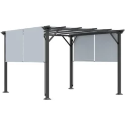 OUTSUNNY Pergola Rétractable 3,05L X 3,05l X 2,2H M Structure Métal époxy Anticorrosion Noir Double Toile Polyester Haute Densité Gris