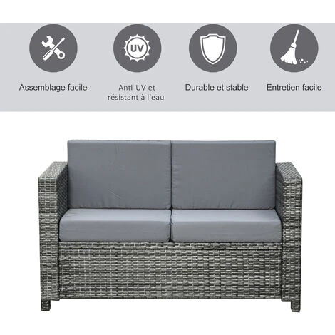 OUTSUNNY Canapé De Jardin 2 Places Canapé Droit 4 Coussins Déhoussables 130L X 70l X 80H Cm Résine Tressée Gris 6 OUTSUNNY Canapé De Jardin 2 Places Canapé Droit 4 Coussins Déhoussables 130L X 70l X 80H Cm Résine Tressée Gris – Image 4
