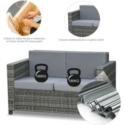 OUTSUNNY Canapé De Jardin 2 Places Canapé Droit 4 Coussins Déhoussables 130L X 70l X 80H Cm Résine Tressée Gris 11 OUTSUNNY Canapé De Jardin 2 Places Canapé Droit 4 Coussins Déhoussables 130L X 70l X 80H Cm Résine Tressée Gris -Promos Verde Rêverie Boutique 55776906 5