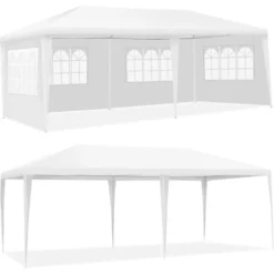 GOPLUS 3x6M Tonnelle Tente De Réception 4 Bâches Avec Fenêtres-Pergola Avec Piquets Et Cordes-Tissu Étanche/Résistant Au Soleil