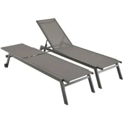 Lot De 2 Bains De Soleil ELSA En Aluminium Et Textilène . Transats Multi Positions Avec Roulettes Anthracite / Gris Foncé
