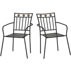 OUTSUNNY Lot De 2 Chaises De Jardin Métal époxy Style Fer Forgé Avec Mosaïque - Accoudoirs - Noir