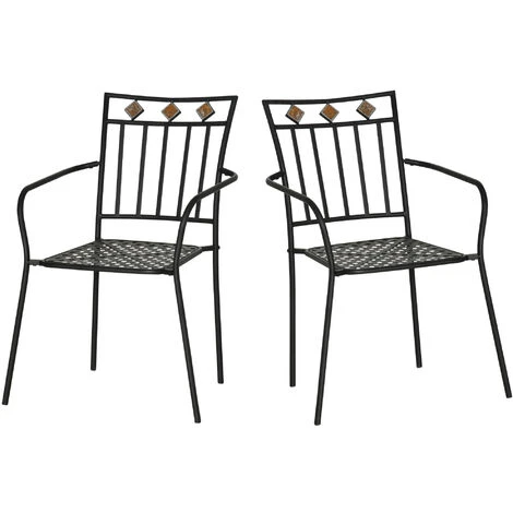 OUTSUNNY Lot De 2 Chaises De Jardin Métal époxy Style Fer Forgé Avec Mosaïque - Accoudoirs - Noir 3 OUTSUNNY Lot De 2 Chaises De Jardin Métal époxy Style Fer Forgé Avec Mosaïque - Accoudoirs - Noir