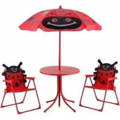 DREAMADE Chaise Table Parasol Enfant, Ensemble De Jardin Pour Enfant Extérieur, Charge Maximale De Chaise 30 KG Avec Parasol Réglable, Matière Tissu Oxford, Idéal Pour Terrasse Balcon Jardin, Rouge