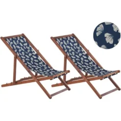 Lot De 2 Chiliennes Pliantes Acacia Foncé Motif Bleu Et Beige Anzio