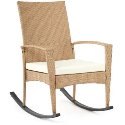 Fauteuil à Bascule,chaise De Chambre Terrasse En Résine Tressée Avec Coussin,Beige - Mondeer